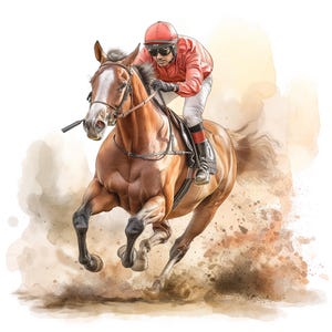 12 Jockey Riding Racing Horse Clipart, Watercolor Equestrian Illustrations for Horse Racing Projects, Digital File, Sports-Themed Clipart