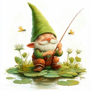 Whimsical Gnome Fishing Clipart, 12 PNG, Fishing Gnome Illustration, Digital Download Cute Gnome Clipart, Woodland Gnome, Fun Gnome Clipart