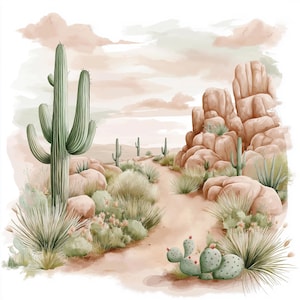 15 Desert Landscape With Cacti And Rocks Clipart | Rustic Southwest Art For Scrapbooking | Nature-Inspired Journaling Illustrations