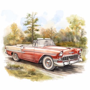 16 Watercolor Classic Car PNG Illustrations for Vintage Car Lovers, Retro Design Projects, Scrapbooking, and DIY Creations