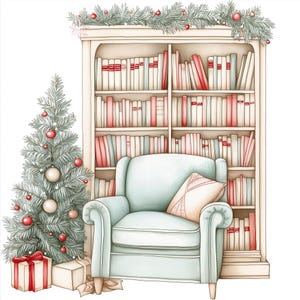 17 Cozy Reading Nook During Christmas Clipart | Festive Winter Graphics For Scrapbooking | Christmas Decor Illustrations For Journaling