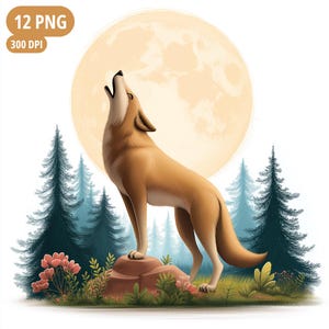 Watercolour Wolf And Forest With Full Moon Clipart | Night Wilderness Art | 12 High-Quality PNGs | Digital Download | Mystical Nature Theme