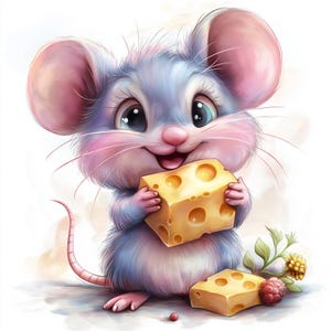 Mouse With Cheese Clipart, 12 JPGs Adorable Mouse Illustration, Digital Animal Art, Scrapbooking Images, Papercrafting, Mixed Media Art