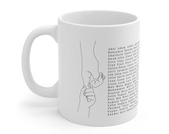 Pregnancy announcement. Baby names on coffee mugs. Baby shower gift.