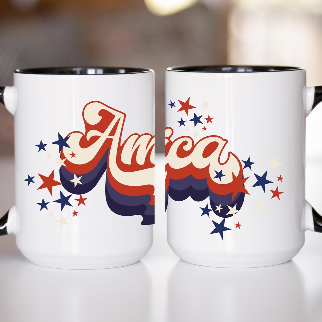 America Script Retro Waves Accent Coffee Mug | Patriotic Stars 11oz ...