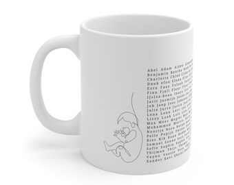 Pregnancy announcement with coffee mug. Names on coffee mug. Baby shower gift.