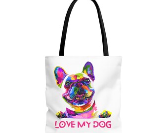 Colorful dog tote bag. Love my dog tote bag. Dog design tote bag