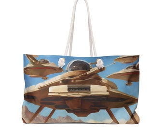 Retro-inspired pinball and space-themed tote. Old timer car and spaceship on one tote. Auto. Car. Dukes of Hazard inspired. Laundry bag.