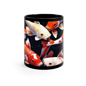 Koi carp on coffee cup, koi carp, koi fish, fish on cup, koi carp fish, fishing fan, fishing enthusiast, 11oz Black Mug