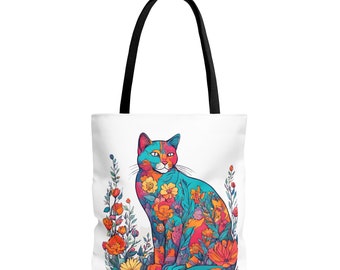 Colorful Cat tote bag. Cat design tote bag. Cat with flowers.