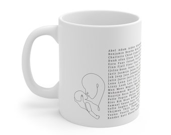 Pregnancy announcement with coffee mug. Names on coffee mug. Baby shower gift.