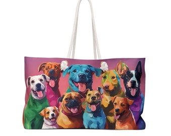 Colorful dogs on a big bag. AI dogs on a big shopping bag. Dogs. Puppy. Colorful dogs. AI design. Weekend bag. Laundry bag.
