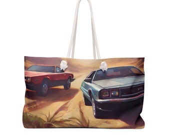 Two sided space tote bag with retro AI retro fast cars design. Car. Auto. Dukes of Hazard inspired. Street racing. Beach bag. Laundry bag.