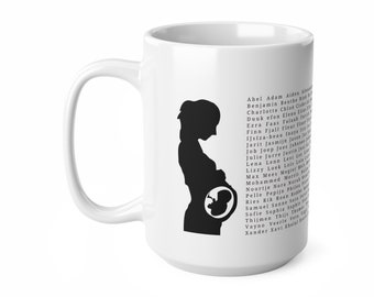 Pregnancy announcement. Baby names on coffee mugs. Baby shower gift.