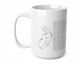 Pregnancy announcement. Baby names on coffee mugs. Baby shower gift.