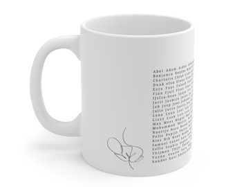 Pregnancy announcement with coffee mug. Names on coffee mug. Baby shower gift.