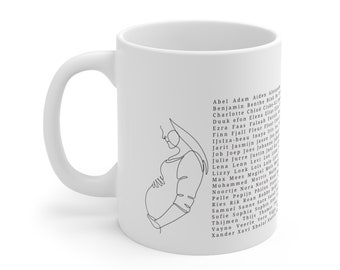 Pregnancy announcement. Baby names on coffee mugs. Baby shower gift.