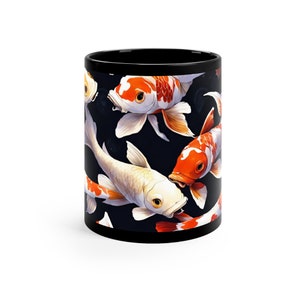 Koi carp on coffee cup, koi carp, koi fish, fish on cup, koi carp fish, fishing fan, fishing enthusiast, 11oz Black Mug