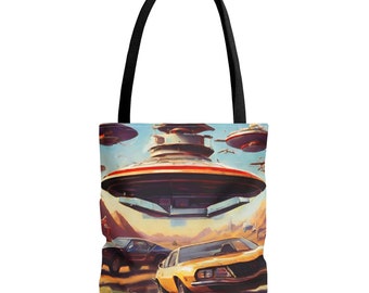 Retro Car & UFO Tote Bag. UFO tote bag. Oldtimer car tote bag