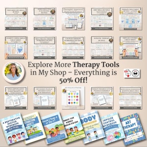 Op de afbeelding: Een digitale collectie van therapiebronnen, waaronder werkboeken, spiekbriefjes en bundels voor geestelijke gezondheid. De afbeelding toont diverse titels zoals Teen Kids Life Skills, ADHD Executive Functioning en Art Therapy, inclusief tekst over 50% korting.