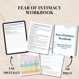May include: A workbook titled "Fear of Intimacy Workbook" with the text "Helping Couples Build Trust, Vulnerability & Emotional Connection." The image shows the workbook, pages, and a tablet. The text "Use Digitally" and "Or Print" are also visible.