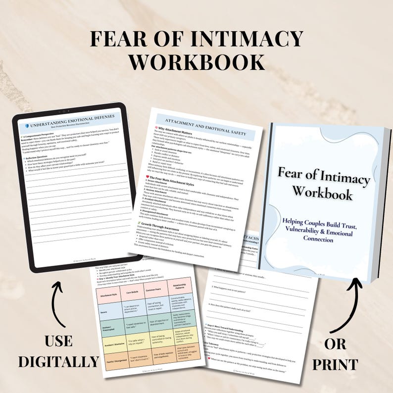 May include: A workbook titled "Fear of Intimacy Workbook" with the text "Helping Couples Build Trust, Vulnerability & Emotional Connection." The image shows the workbook, pages, and a tablet. The text "Use Digitally" and "Or Print" are also visible.