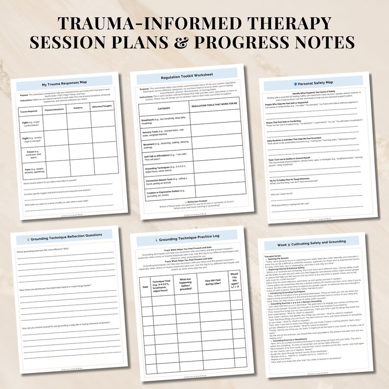 May include: A set of printable worksheets for trauma-informed therapy. The worksheets include titles such as "My Trauma Responses Map", "Regulation Toolkit Worksheet", "Personal Safety Map", "Grounding Technique Reflection Questions", "Grounding Technique Practice Log", and "Week 3 Cultivating Safety and Grounding".