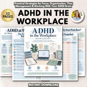 Peut inclure: Un cahier d'exercices de 32 pages sur le TDAH au travail proposant des stratégies pratiques pour la concentration, l'organisation et la gestion du temps. La couverture montre un ordinateur portable, une plante, une tasse et des carnets avec du texte.