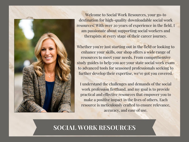 Peut inclure: Une femme aux cheveux blonds sourit &agrave; la cam&eacute;ra. Elle porte un blazer &agrave; motifs marrons et blancs. Le texte "Bienvenue sur Social Work Resources, votre destination incontournable pour des ressources de travail social t&eacute;l&eacute;chargeables de haute qualit&eacute; !" est affich&eacute; au-dessus d'elle. Le texte "SOCIAL WORK RESOURCES" est affich&eacute; en bas de l'image.