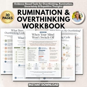 May include: A 30-page workbook titled Rumination & Overthinking Workbook with subheadings like When Your Mind Won't Switch Off. The pages feature pastel-colored diagrams, checklists, and text boxes designed for tracking thoughts and mental patterns.