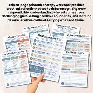 May include: A 20-page printable therapy workbook featuring multiple pages with headings such as The Responsibility Filter, Helping vs. Rescuing, and The Rules I Carry. The pages contain structured text, checklists, and tables in blue and peach.