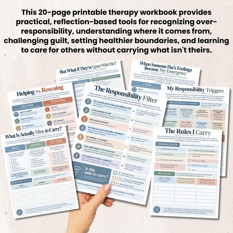 May include: A 20-page printable therapy workbook featuring multiple pages with headings such as The Responsibility Filter, Helping vs. Rescuing, and The Rules I Carry. The pages contain structured text, checklists, and tables in blue and peach.