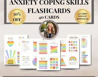 Anxiety Coping Skills Flashcards Workbook Digital or Printable Worksheets for Worry Stress Panic, Self-Help Anxiety Worksheets,Therapy tools
