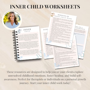 May include: A set of printable worksheets for inner child work. The worksheets are designed to help explore unresolved childhood emotions, foster healing, and build self-awareness. The worksheets are perfect for therapists or individuals on a personal growth journey. The worksheets feature a light blue background with floral designs and the text "INNER CHILD WORKSHEETS".