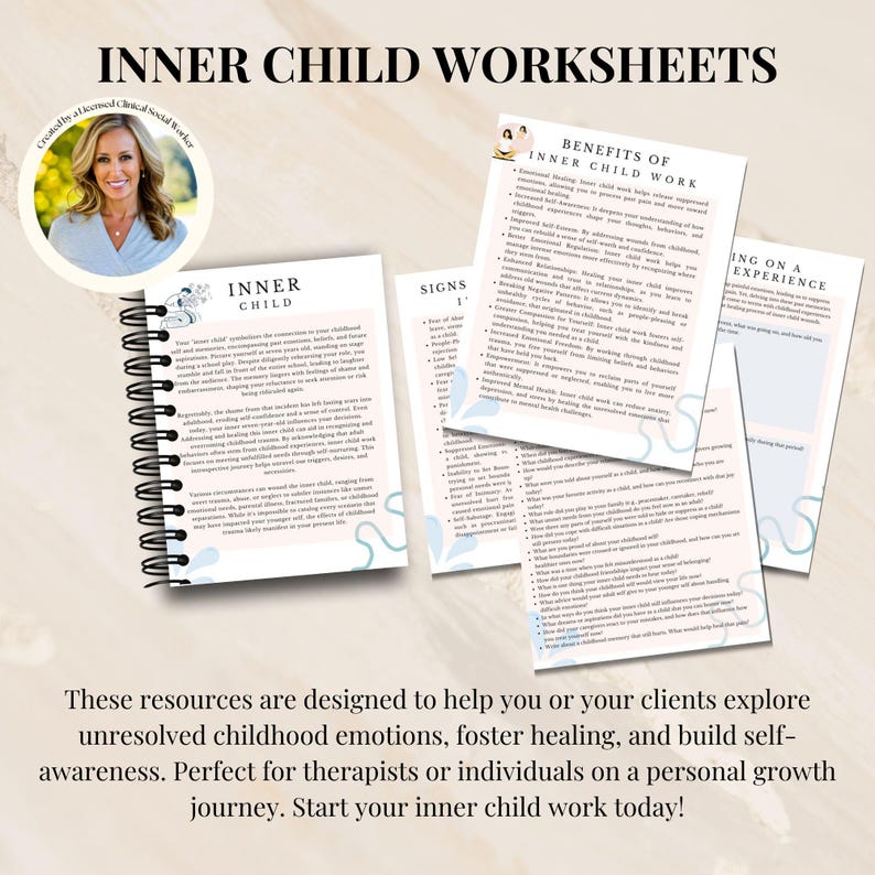 May include: A set of printable worksheets for inner child work. The worksheets are designed to help explore unresolved childhood emotions, foster healing, and build self-awareness. The worksheets are perfect for therapists or individuals on a personal growth journey. The worksheets feature a light blue background with floral designs and the text "INNER CHILD WORKSHEETS".
