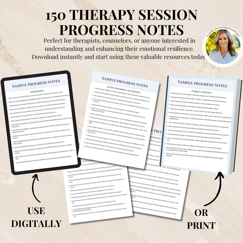 Pu&ograve; includere: Un download digitale di 150 note di progresso delle sessioni di terapia. Le note sono organizzate in tre categorie: depressione, disturbi alimentari e obesit&agrave; e conflitti familiari. Le note sono progettate per essere utilizzate da terapeuti, consulenti o chiunque sia interessato a comprendere e migliorare la propria resilienza emotiva.