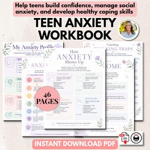 May include: A 46-page teen anxiety workbook featuring pastel-coloured worksheets with floral accents. The pages include sections titled My Anxiety Profile, How Anxiety Shows Up, and Catching Thinking Traps, with text prompts for thoughts, feelings, and behaviours.