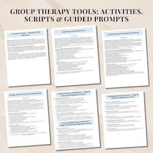 May include: A set of six printable worksheets for group therapy sessions. The worksheets are titled: Group Overview - Trauma & PTSD Recovery, Depression Group Sessions, Codependency & Healthy Boundaries, Anxiety & Panic Attacks Group Sessions, Responding to Individuals - Anger & Emotional Regulation Group, Managing Group Dynamics - Anger & Emotional Regulation Group, and Encouraging Group Interaction - Anger & Emotional Regulation Group.