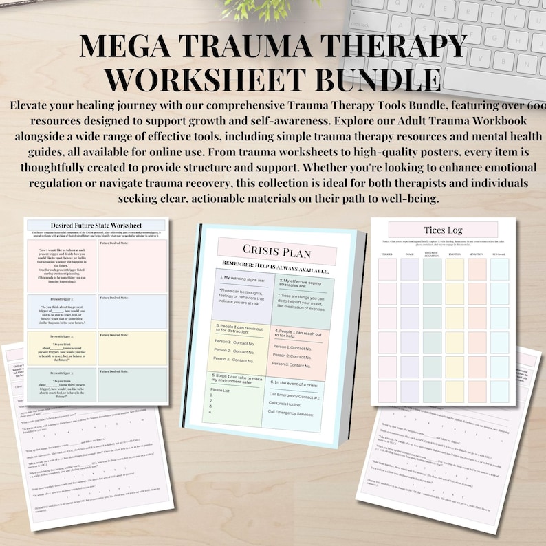 May include: A set of printable worksheets for trauma therapy. The worksheets include a "Desired Future State Worksheet", a "Crisis Plan" with the text "Remember Help is Always Available", and a "Tices Log".