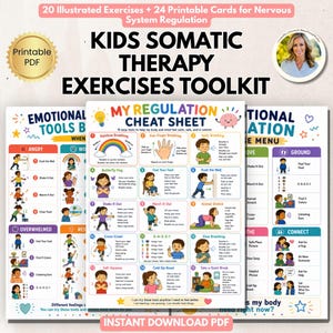 Könnte beinhalten: Ein druckbares PDF-Toolkit für somatische Therapieübungen für Kinder mit 20 illustrierten Übungen und 24 Karten. Das Dokument enthält ein My Regulation Cheat Sheet mit 15 Techniken wie Regenbogenatmung, Schmetterlingsumarmung und Cross-Crawl.