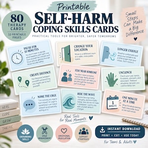 May include: A set of 80 printable self-harm coping skills cards featuring 10 pages of practical tools. The cards include text instructions like Pause for 10 Minutes, Change Your Location, Longer Exhale, Create Distance, Stay Near Someone, and Unclench.