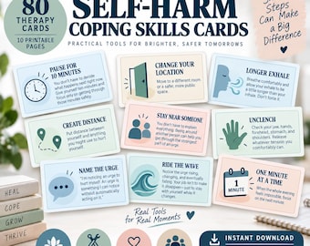 Self Harm Coping Skills Cards, Therapy Tools for Teens & Adults, Emotional Regulation, Safety Plan Anxiety and Depression Support