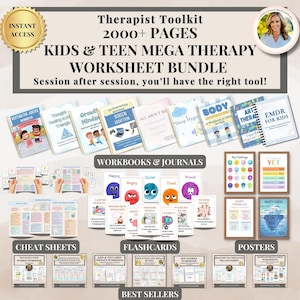 May include: A comprehensive therapist toolkit bundle for children and teenagers, featuring workbooks, journals, cheat sheets, flashcards, and posters. The bundle includes over 2000 pages of resources for various therapeutic needs. The image displays a variety of colourful educational materials.
