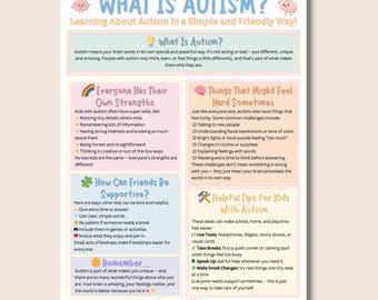 Hoja informativa sobre el autismo infantil para terapeutas, padres, orientadores escolares y trabajadores sociales. Hoja de trabajo para niños neurodivergentes sobre el trastorno del espectro autista.