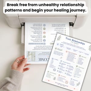 May include: A printed tip sheet titled Toxic Relationships with sections on red flags, signs of toxic behavior, and self-care steps. The document features botanical illustrations, checkmarks, and text detailing how to establish healthy boundaries.