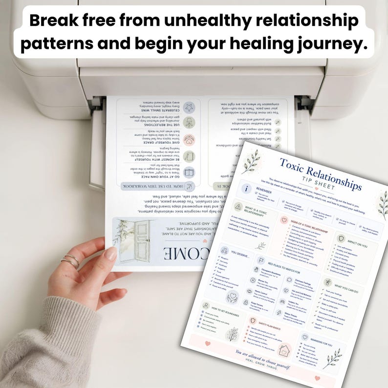 May include: A printed tip sheet titled Toxic Relationships with sections on red flags, signs of toxic behavior, and self-care steps. The document features botanical illustrations, checkmarks, and text detailing how to establish healthy boundaries.