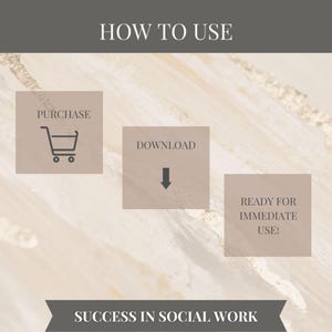 May include: An image with the text "HOW TO USE" at the top. Below are three beige squares with text and icons: "PURCHASE" with a shopping cart icon, "DOWNLOAD" with a downward arrow, and "READY FOR IMMEDIATE USE!". The bottom banner reads "SUCCESS IN SOCIAL WORK".