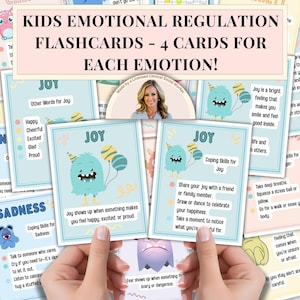 以下が含まれることがあります： 子供の感情調節用フラッシュカード。各感情につき4枚のカード。カードは水色の縁取りで、漫画のモンスターのイラストが描かれています。喜びや悲しみなどの感情を扱い、対処スキルが記載されています。