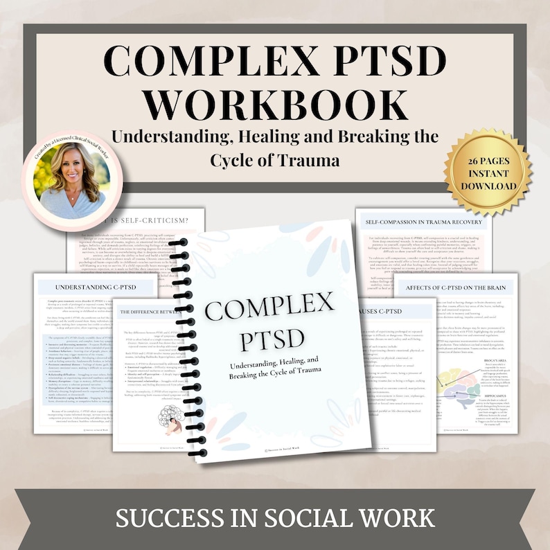 Op de afbeelding: Een werkboek met de titel "Complex PTSD Workbook: Understanding, Healing and Breaking the Cycle of Trauma" met een roze en blauwe bloemenprint. Het werkboek is open op een pagina met de titel "Complex PTSD" met een hersengrafiek. De kaft van het werkboek is een spiraalgebonden notitieboek.