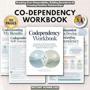 Op de afbeelding: Een 20-pagina tellend werkboek over codependentie met een centrale omslag met een Venn-diagram van heuvels en een plant, getiteld Breaking Over-Responsibility, Building Boundaries & Creating Healthier Relationships met diverse pagina's.
